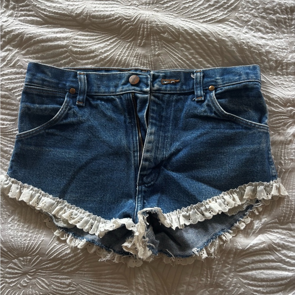 Wrangler Blue and White Jean Shorts with Lace Trim